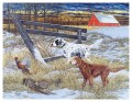 冬の子犬の猟犬とマガモ